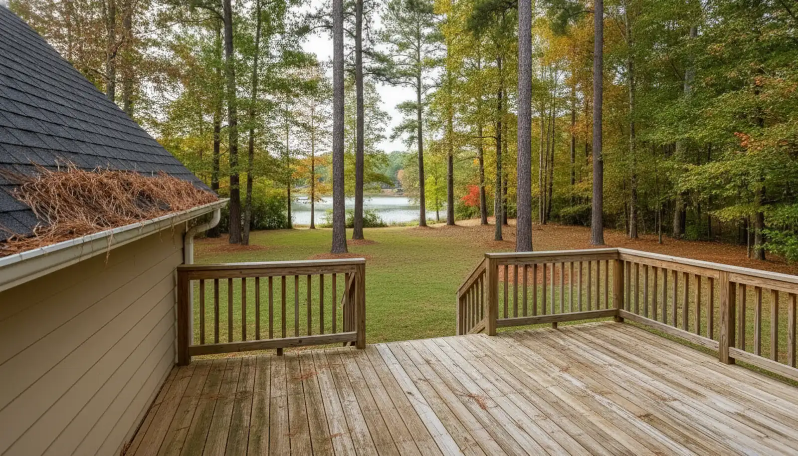 Backyard wood deck of an Acworth GA home with pine straw in the gutter, tall pines and a lake view in early fall