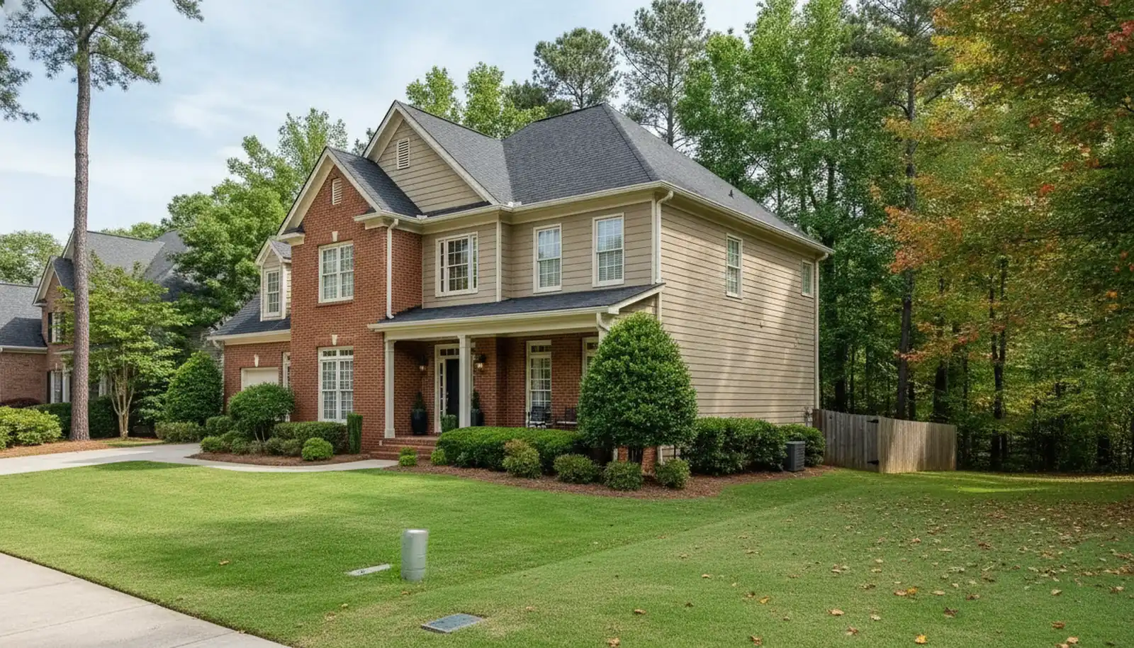 Two story brick and siding home in an Alpharetta, Georgia subdivision with a green lawn, a wood privacy fence and early fall leaves
