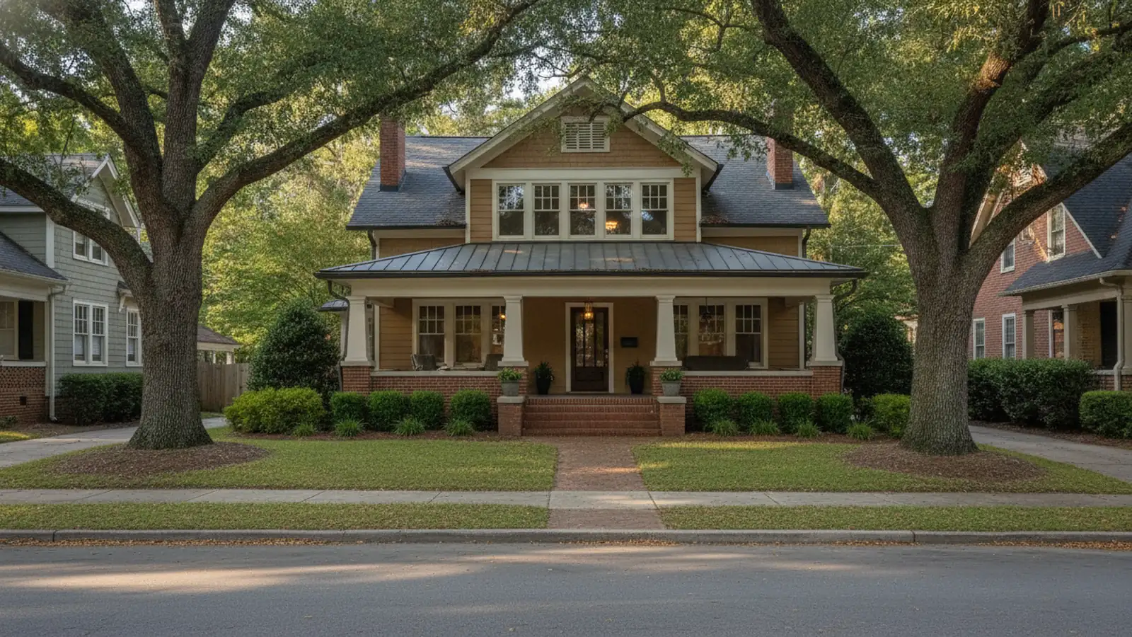 Older Craftsman home with a deep covered front porch under tall oak trees on a quiet intown Atlanta street