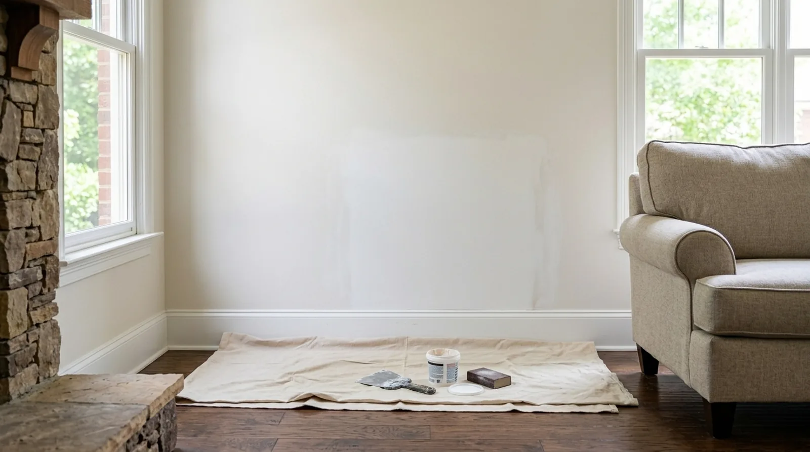 Handyman smoothing joint compound over a patched hole in a living room drywall wall before sanding and painting