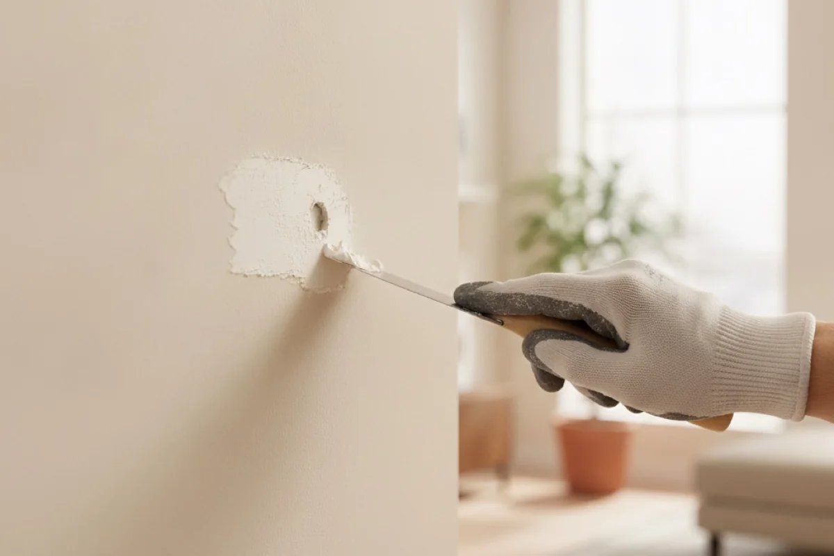 Handyman with a tool belt patching drywall and checking a repair list inside a North Atlanta home