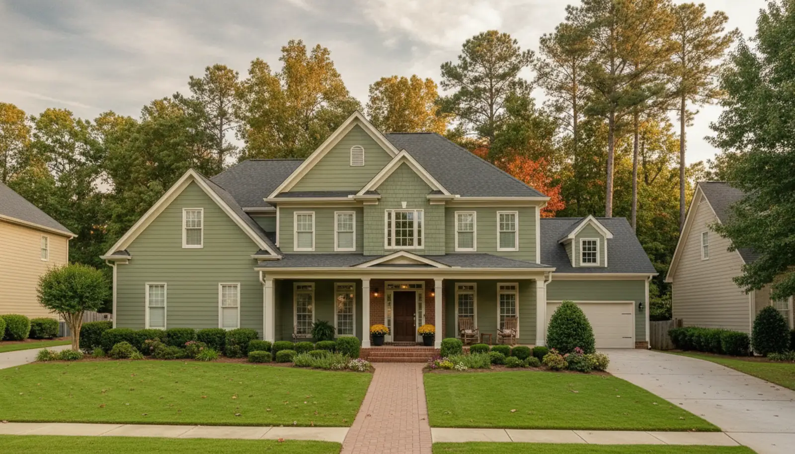 Two story home with lap siding, white trim and a three car garage in a wooded Johns Creek, Georgia neighborhood in early autumn