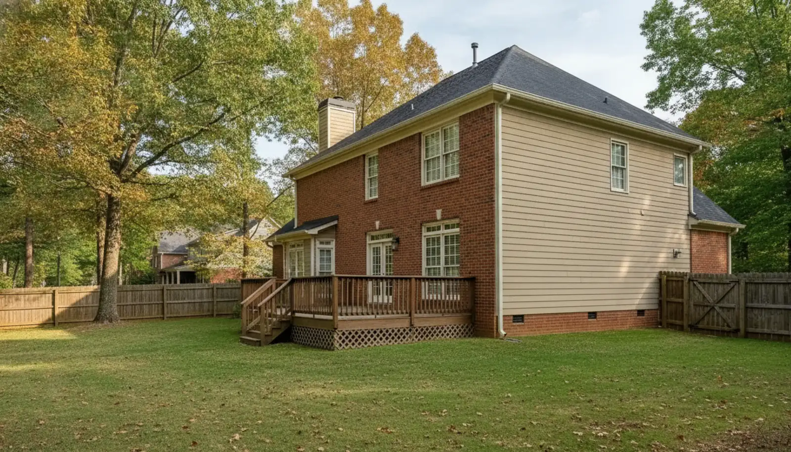 Two-story Kennesaw GA home with a back deck and wood privacy fence under mature oaks in early fall