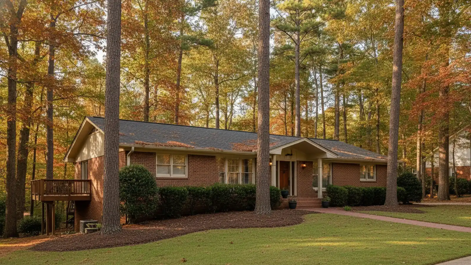 Two story traditional home with sage green siding, white trim and a covered front porch in Marietta, Georgia, with tall pines and fall color behind it