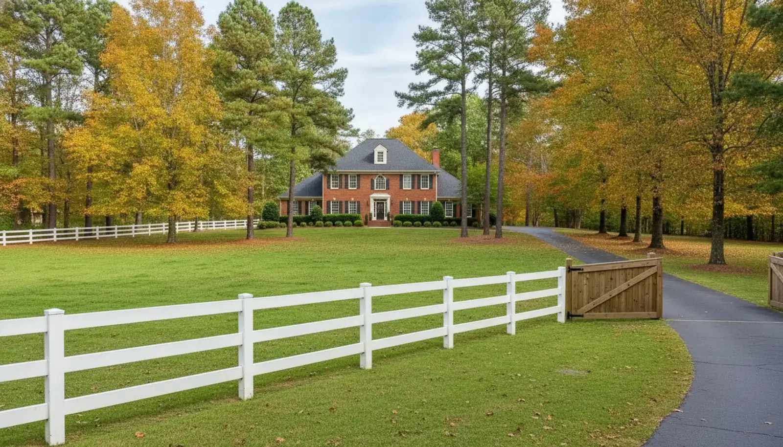White three-board wood fence along a green pasture in front of a two-story brick home on a large lot in Milton, Georgia