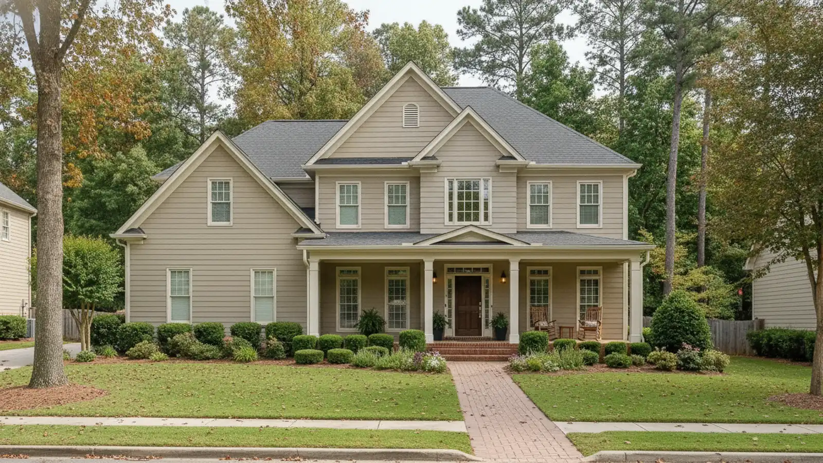 Two-story wood-sided home with a covered front porch and early fall leaves in a Roswell, Georgia neighborhood