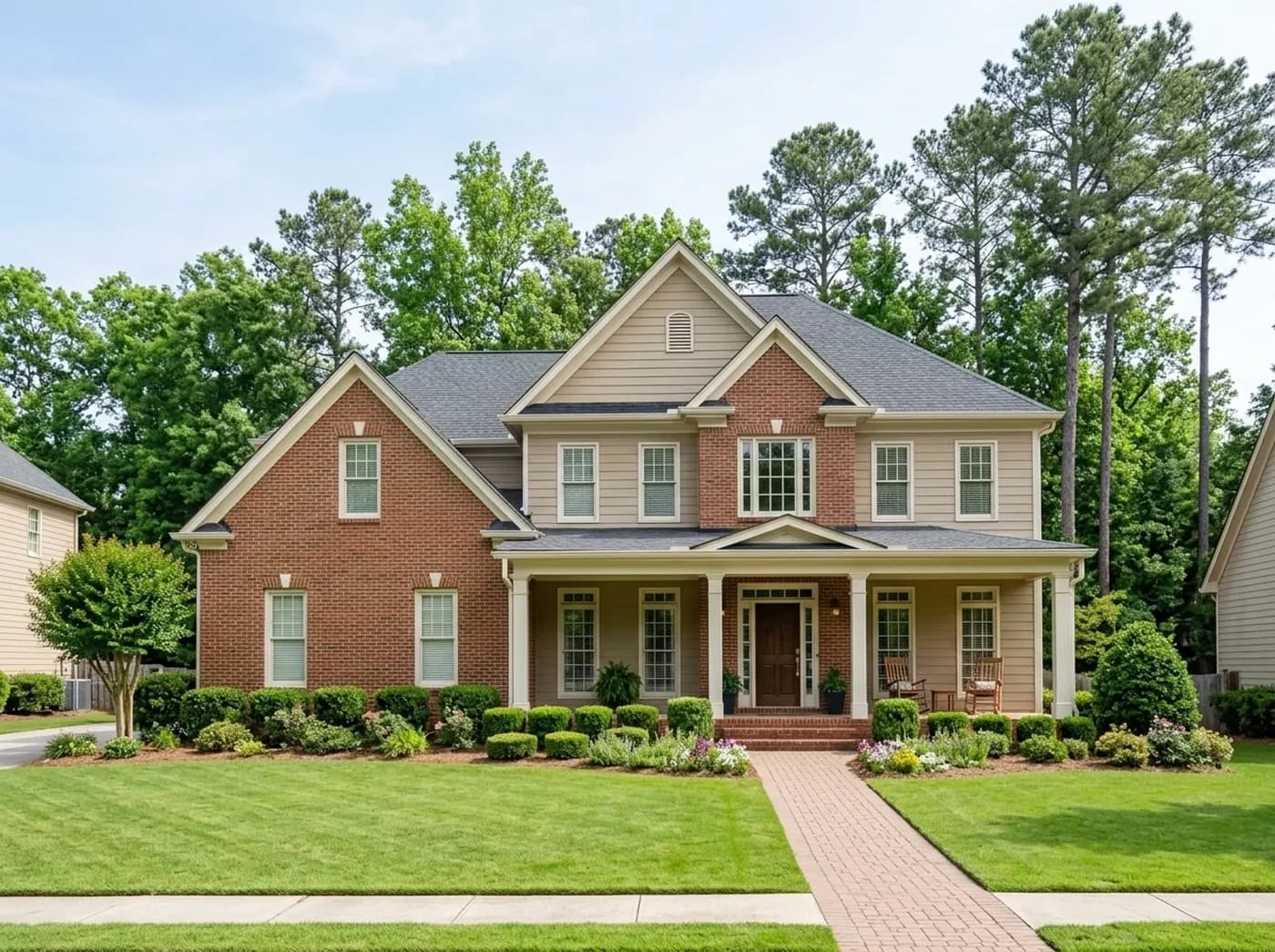 Two-story suburban home with a covered front porch and a tidy lawn