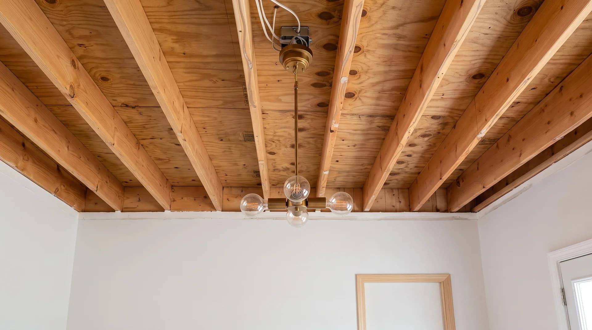 Brass globe chandelier hung from exposed wood ceiling joists