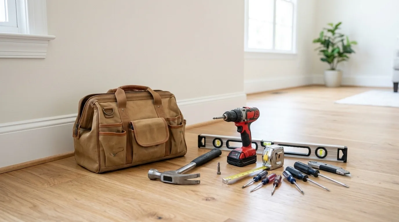 Handyman tool bag with a hammer, cordless drill, level, tape measure and screwdrivers on a hardwood floor