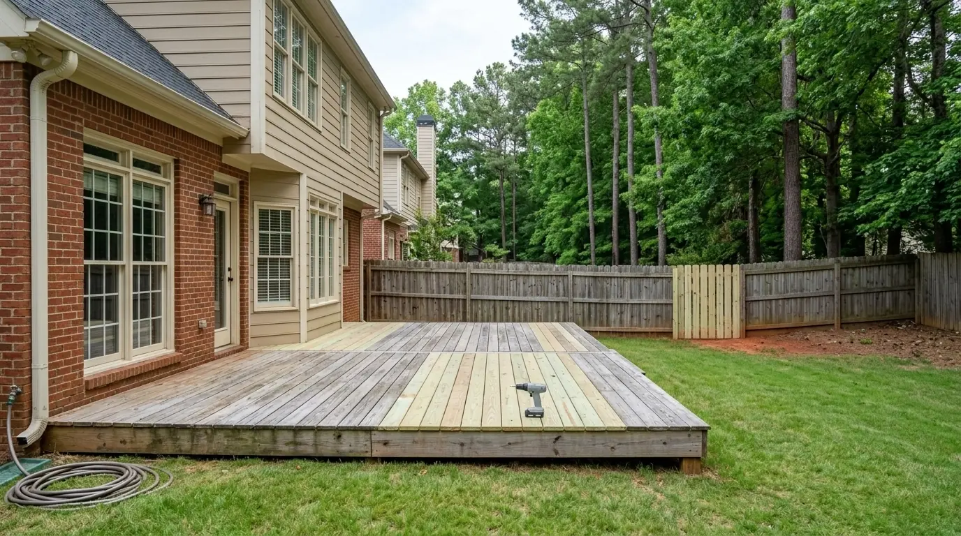 Backyard deck with new pressure treated boards next to weathered ones and new pickets in a wood privacy fence
