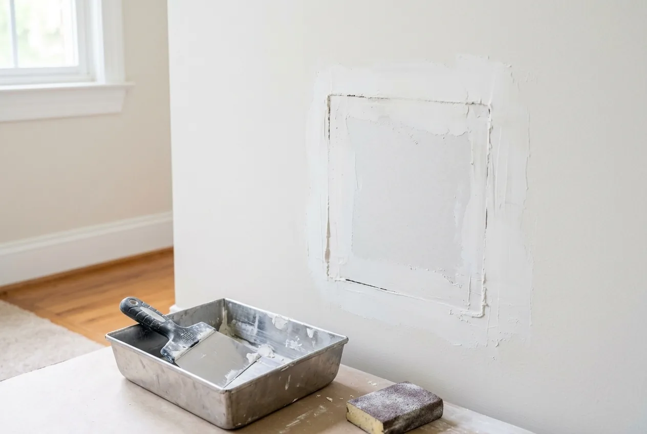 Square drywall patch with fresh joint compound feathered over the seams, with a taping knife and mud pan nearby