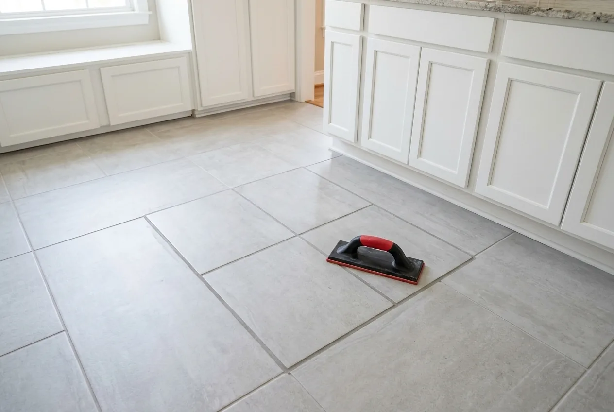 Light gray porcelain tile kitchen floor with a grout float resting on freshly grouted tiles