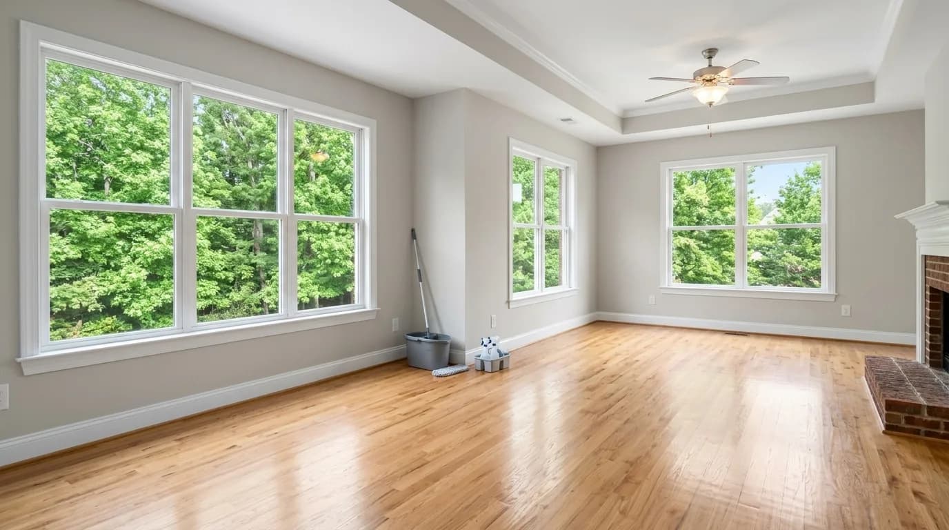 Spotless empty room with gleaming hardwood floors after a move-out cleaning, with a mop and bucket in the corner