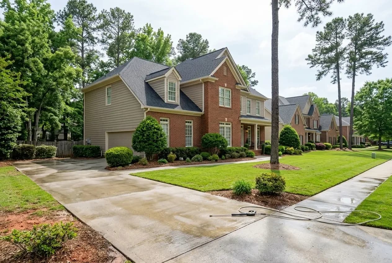 Freshly pressure washed concrete driveway and walkway in front of a brick and siding North Atlanta home